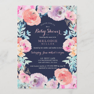 Roze Navy Bloemen Baby shower Uitnodiging