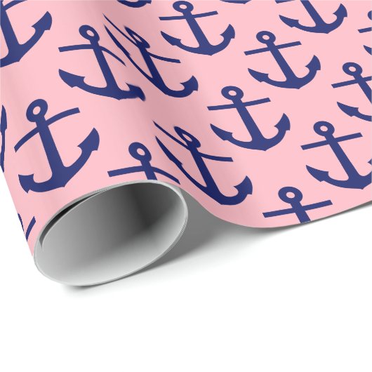 Roze, Navy Blue Anchors Pattern Cadeaupapier (Rol Hoek)
