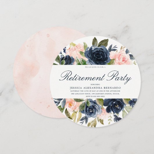 Roze Navy Blue Boy Blush Floral Retirement Party Kaart (Voorkant / Achterkant)