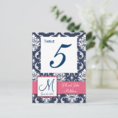 Roze Navy Blue Damask Trouwtafel Nummer Briefkaart (Staand voorkant)