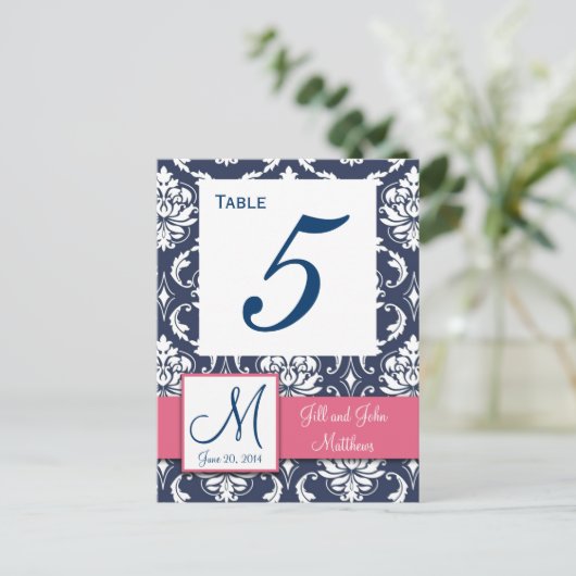 Roze Navy Blue Damask Trouwtafel Nummer Briefkaart (Staand voorkant)