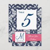 Roze Navy Blue Damask Trouwtafel Nummer Briefkaart (Voorkant / Achterkant)