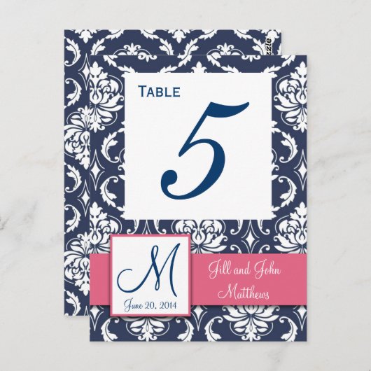 Roze Navy Blue Damask Trouwtafel Nummer Briefkaart (Voorkant / Achterkant)