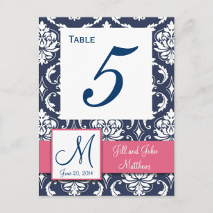 Roze Navy Blue Damask Trouwtafel Nummer Briefkaart