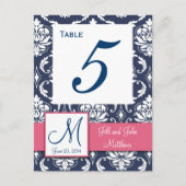 Roze Navy Blue Damask Trouwtafel Nummer Briefkaart (Voorkant)