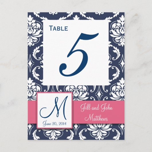 Roze Navy Blue Damask Trouwtafel Nummer Briefkaart (Voorkant)