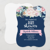 Roze Navy Blue Flowers Baby shower Uitnodiging (Voorkant / Achterkant)
