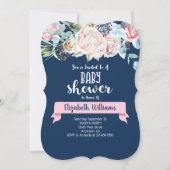 Roze Navy Blue Flowers Baby shower Uitnodiging (Voorkant)