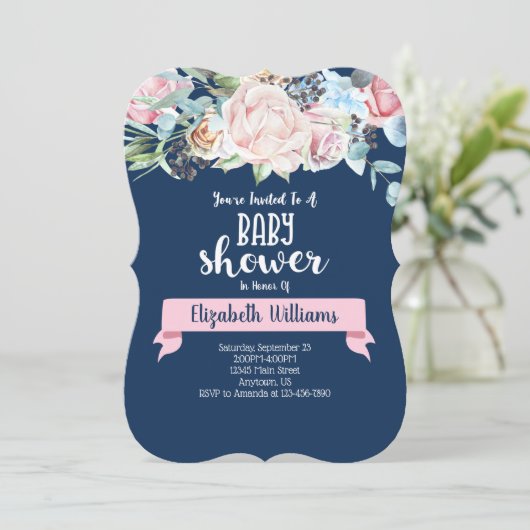 Roze Navy Blue Flowers Baby shower Uitnodiging (Staand voorkant)