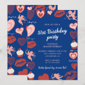 Roze Navy Blue Hearts 51ste verjaardag uitnodiging (Voorkant / Achterkant)