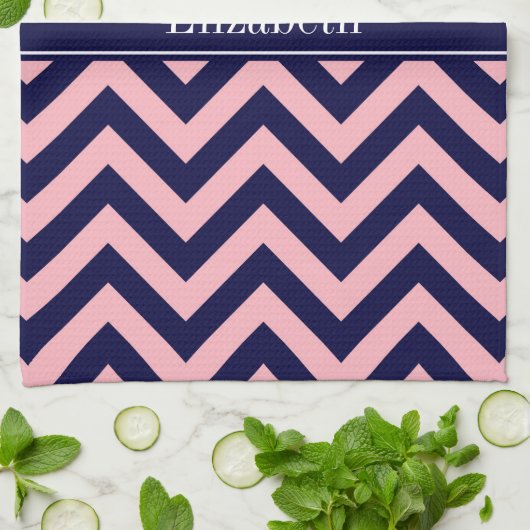 Roze, Navy Blue LG Chevron Navy Name Monogram Theedoek (Gevouwen)