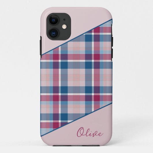 Roze-navy blue plaid iPhone Case (Achterkant)