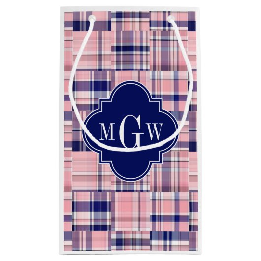 Roze, Navy Blue Preppy Patchwork Madras Monogram Klein Cadeauzakje (Achterkant)