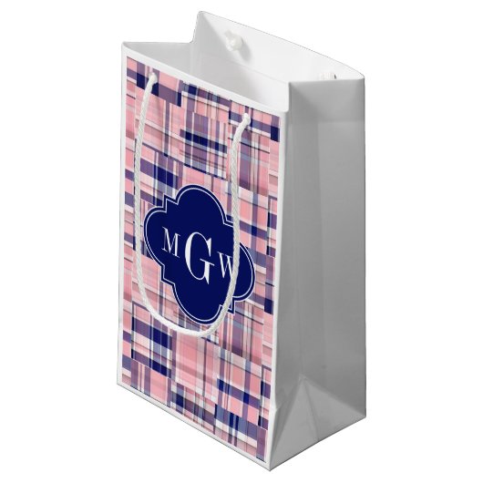 Roze, Navy Blue Preppy Patchwork Madras Monogram Klein Cadeauzakje (Voorkant Gekanteld)