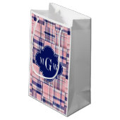 Roze, Navy Blue Preppy Patchwork Madras Monogram Klein Cadeauzakje (Achterkant Gekanteld)