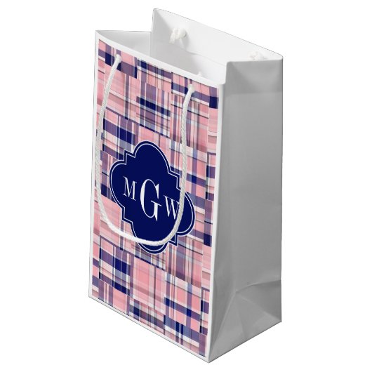 Roze, Navy Blue Preppy Patchwork Madras Monogram Klein Cadeauzakje (Achterkant Gekanteld)