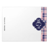 Roze, Navy Blue Preppy Patchwork Madras Monogram Notitieblok (Voorkant)