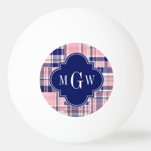 Roze, Navy Blue Preppy Patchwork Madras Monogram Pingpongbal