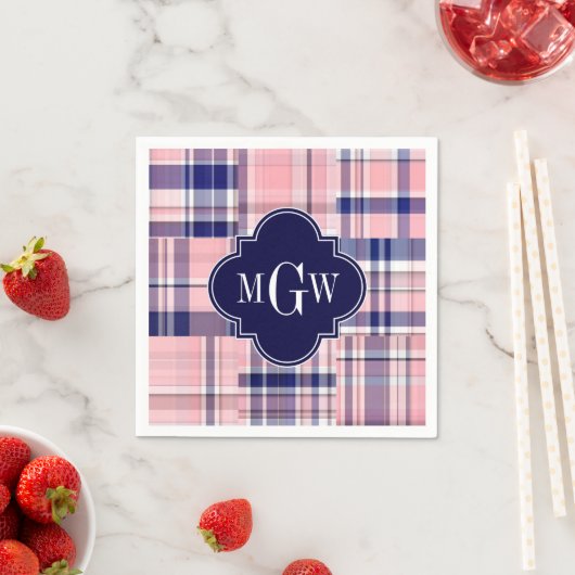 Roze, Navy Blue Preppy Patchwork Madras Monogram Servet (Insitu)