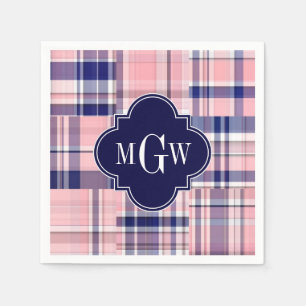Roze, Navy Blue Preppy Patchwork Madras Monogram Servet