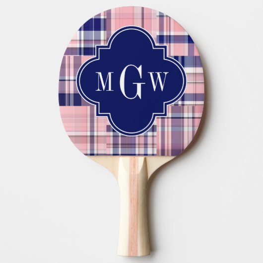Roze, Navy Blue Preppy Patchwork Madras Monogram Tafeltennisbatje (Voorkant)