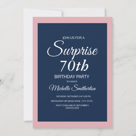 Roze Navy Blue Surprise 70th Birthday Invitation Kaart (Voorkant)