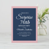 Roze Navy Blue Surprise 70th Birthday Invitation Kaart (Staand voorkant)