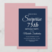 Roze Navy Blue Surprise 75th Birthday Invitation Kaart (Voorkant / Achterkant)