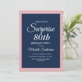 Roze Navy Blue Surprise 80th Birthday Invitation Kaart (Staand voorkant)