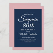 Roze Navy Blue Surprise 80th Birthday Invitation Kaart (Voorkant / Achterkant)