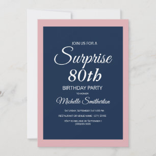 Roze Navy Blue Surprise 80th Birthday Invitation Kaart