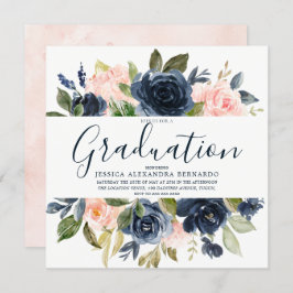 Roze Navy Blue Waterverf Flowers Graduparty Kaart