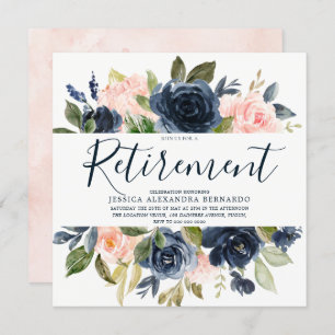 Roze Navy Blue Waterverf Flowers Retirement Party Kaart