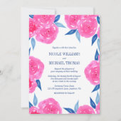 Roze Navy Blue Waterverf Flowers Wedding Kaart (Voorkant)