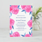 Roze Navy Blue Waterverf Flowers Wedding Kaart (Staand voorkant)