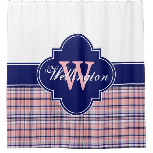 Roze Navy Blue White Madras Pset 1ICBR Naam Douchegordijn (Voorkant)