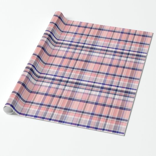 Roze Navy Blue White Preppy Madras Pset Cadeaupapier (Uitgerold)