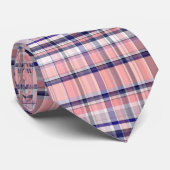 Roze Navy Blue White Preppy Madras Pset Stropdas (Opgerold)
