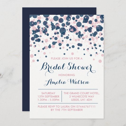 Roze & Navy Confetti bruidsdouche uitnodiging (Voorkant / Achterkant)