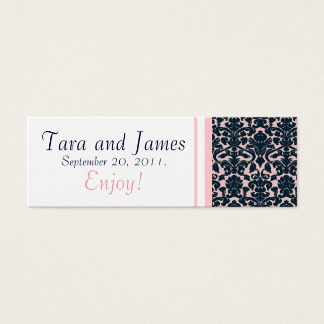Roze Navy Damask Trouwgunst Label Kaart (Voorkant)