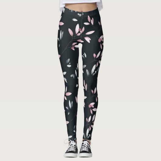 Roze Navy Elegant Zachte Waterverf Bloemen Ontwerp Leggings (Voorkant)