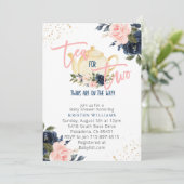 Roze Navy Floral Twins Tea voor twee Baby shower Kaart (Staand voorkant)