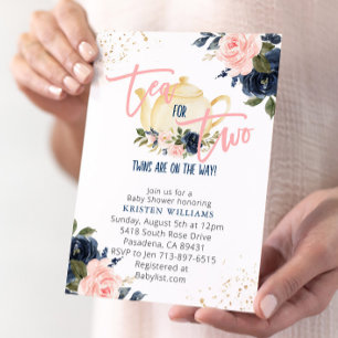 Roze Navy Floral Twins Tea voor twee Baby shower Kaart