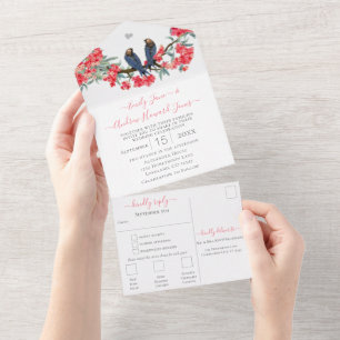 Roze & Navy Geheim Liefdesvogel Bos Tuin Bruiloft All In One Uitnodiging