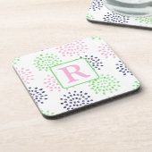 Roze Navy Green Flower Pattern Waterverf Monogram Bier Onderzetter (Linkerzijde)