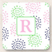 Roze Navy Green Flower Pattern Waterverf Monogram Bier Onderzetter (Voorkant)