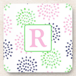 Roze Navy Green Flower Pattern Waterverf Monogram Bier Onderzetter