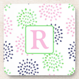 Roze Navy Green Flower Pattern Waterverf Monogram Bier Onderzetter