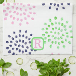 Roze Navy Green Flower Pattern Waterverf Monogram Theedoek