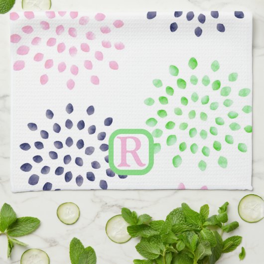 Roze Navy Green Flower Pattern Waterverf Monogram Theedoek (Gevouwen)